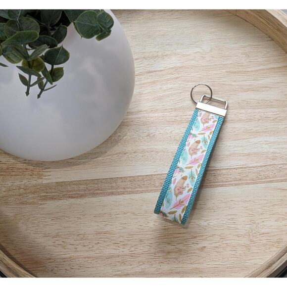 Feather Keychain Wristlet Handmade Boho‎ Fabric Key FOB Sturdy Farmhouse Teal - Picture 3 of 7